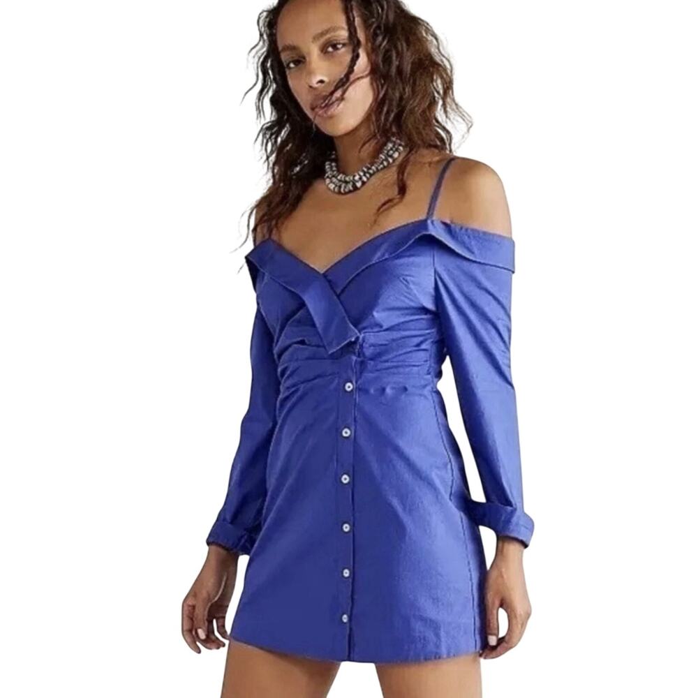 Free People After Hours Blue Off The Shoulder Shirt Dress Size M